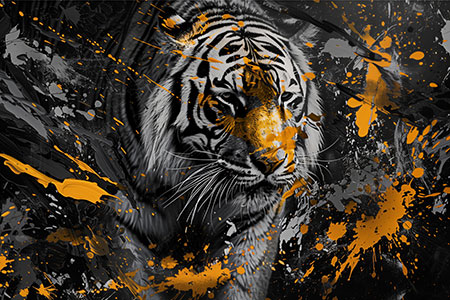 Tiger in schwarzeiß und gold - Wandbild im Mixed-Media Stil auf Leinwand, Acrylglas, Alu-Dibond oder als Poster