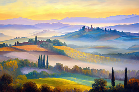 Morgennebel in der Toskana - Landschaftsbild im Stil eines Gemäldes auf Leinwand, Acrylglas, Alu-Dibond oder als Poster