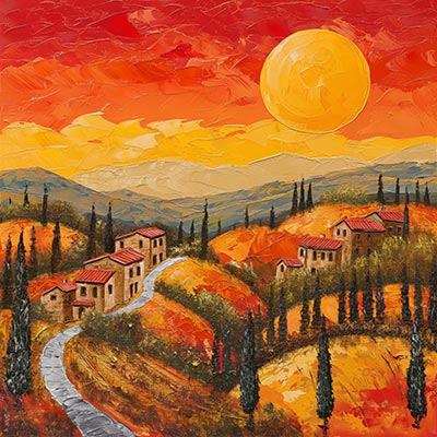 Abend in der Toskana - Modernes Wandbild von Menschen mit bunten Regenschirmen im Stil eines Gemäldes als Kunstdruck auf Leinwand, Acrylglas, Alu-Dibond oder als Poster