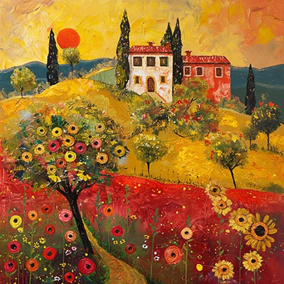 Rote Sonne in der Toskana - Modernes Wandbild von Menschen mit bunten Regenschirmen im Stil eines Gemäldes als Kunstdruck auf Leinwand, Acrylglas, Alu-Dibond oder als Poster