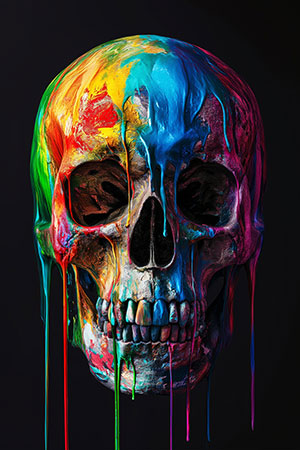 Bunter Tod - ein Totenkopf voller bunter Farbspritzer auf Leinwand, Acrylglas, Alu-Dibond oder als Poster