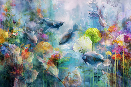 Kunstvolle Collage einer fantasievollen Unterwasserlandschaft, Kunstdruck auf Leinwand, als Acrylglasbild, auf Alu-Dibond oder als Poster.