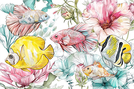 Verspielte Meereswelt in sanften Farben – fantasievolle Unterwasser-Illustration als moderner Leinwanddruck mit Leichtigkeit und Tiefe.