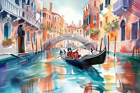 Gondel in Venedig - Modernes Wandbild von Menschen mit bunten Regenschirmen im Stil eines Gemäldes als Kunstdruck auf Leinwand, Acrylglas, Alu-Dibond oder als Poster