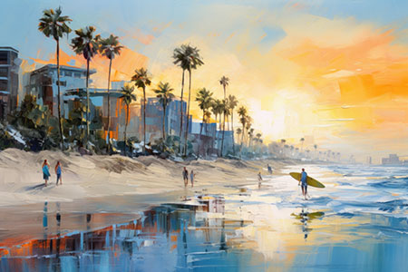 Venice Beach Sunrise - modernes Wandbild im Stil eines Gemäldes als Kunstdruck auf Leinwand, Acrylglas, Alu-Dibond oder als Poster