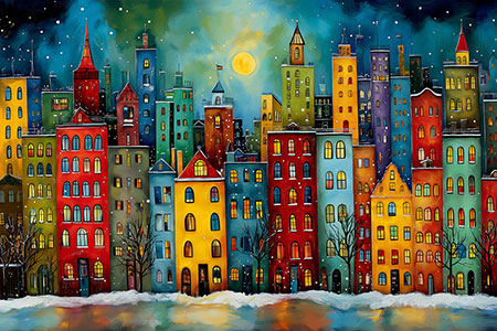 Bunte Winternacht - Modernes Gemälde als Kunstdruck auf Leinwand, Acrylglas oder als Poster