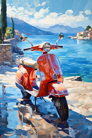 Motorroller am Lago Maggiore - modernes Wandbild im Stil eines Gemäldes als Kunstdruck auf Leinwand, Acrylglas, Alu-Dibond oder als Poster
