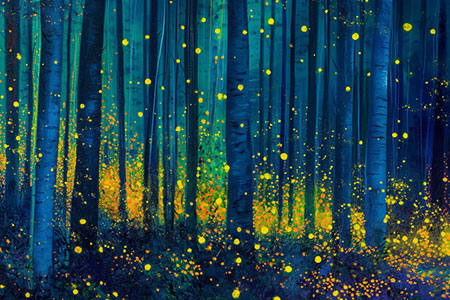Wald der Leuchtkäfer - Modernes Wandbild eines Waldes voller Glühwürmchen im Stil eines Gemäldes als Kunstdruck auf Leinwand, Acrylglas, Alu-Dibond oder als Poster