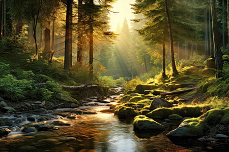 Bachlauf im Wald - Kunstdruck eines modernen digitalen Gemäldes auf Leinwand, Acrylglas, Alu-Dibond oder als Poster