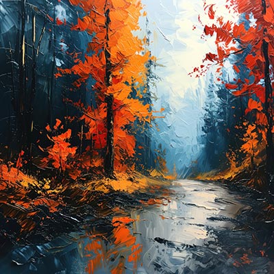 Herbstlicher Waldweg - Wandbild im Stil eines Gemäldes auf Leinwand, Acrylglas, Alu-Dibond oder als Poster