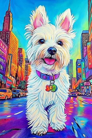 Westie in Manhattan - London Impression im Stil einer kreativen Fotografie auf Leinwand, Acrylglas, Alu-Dibond oder als Poster