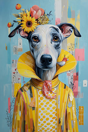 Windhund Gemälde mit floralen Elementen, modernes Wandbild auf Leinwand, als Acrylglasbild, auf Alu-Dibond oder als Poster