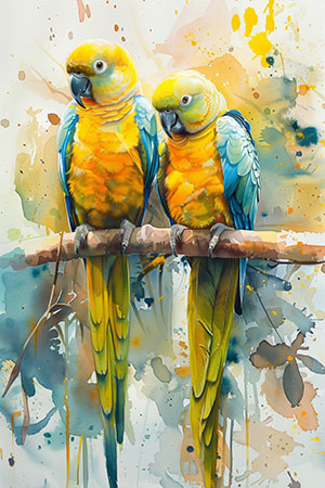 Gelbe Papageien - Aquarell-Illustration als hochwertiger Kunstdruck auf Leinwand, Acrylglas, Alu-Dibond oder als Poster